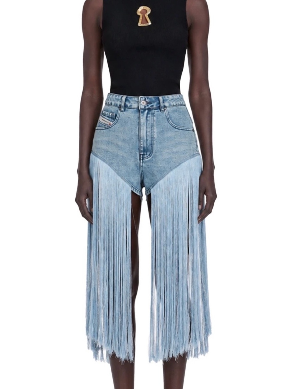 Miss Rosier Light Blue High-Waist Fringe Denim Shorts-Jeans